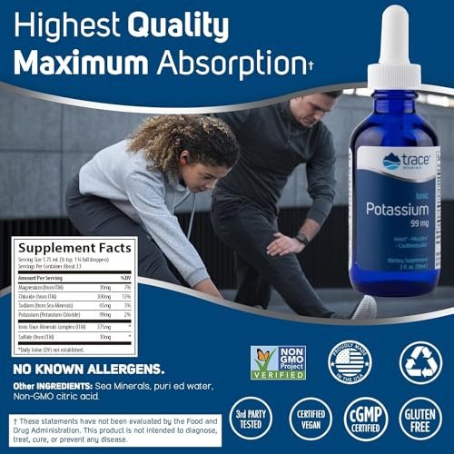 Trace Minerals | Flüssiges Ionisches Kalium Nahrungsergänzungsmittel | 99 mg Kalium und 72+ Spurenelemente | Unterstützt Elektrolyte, Hydration, Energie, Gehirnfunktion | 60 ml (1 Packung), 33 Portionen