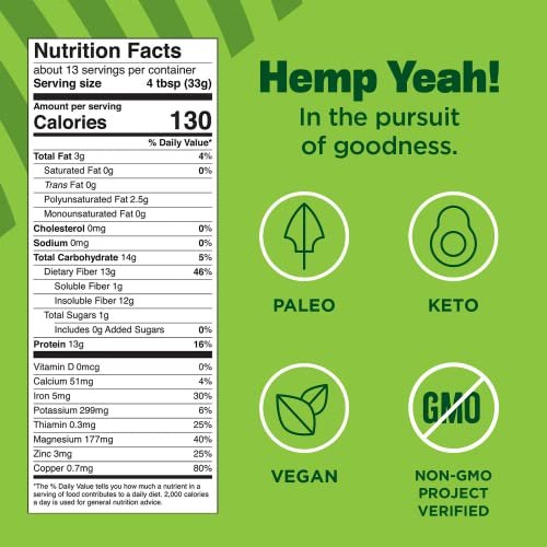 Manitoba Harvest Hemp Yeah Organic Max Fiber Protein Powder, Ungesüßt, 454g, mit 13g Ballaststoffen, 13g Protein und 2,5g Omega 3&6 pro Portion, Keto-freundlich, ohne Konservierungsstoffe