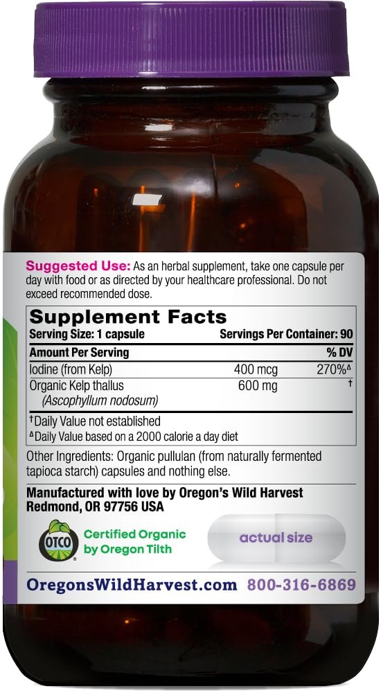 Oregon's Wild Harvest Kelp Bioaktives Nahrungsergänzungsmittel | Natürliche Jodquelle | Vegane Kapseln, 90 Stück