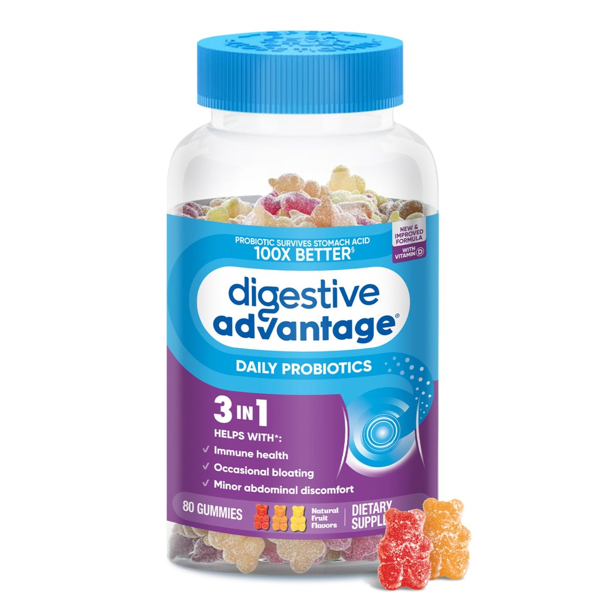 Digestive Advantage Probiotika für die Verdauungsgesundheit – Probiotische Gummis mit Vitamin D, tägliches Probiotikum für Frauen und Männer gegen gelegentliche Blähungen, leichte Bauchbeschwerden und Darmgesundheit, 80 Stück, natürliche Fruchtaromen