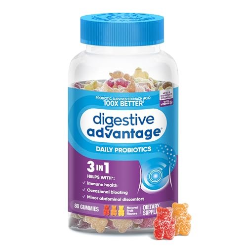 Digestive Advantage Probiotika für die Verdauungsgesundheit – Probiotische Gummis mit Vitamin D, tägliches Probiotikum für Frauen und Männer gegen gelegentliche Blähungen, leichte Bauchbeschwerden und Darmgesundheit, 80 Stück, natürliche Fruchtaromen