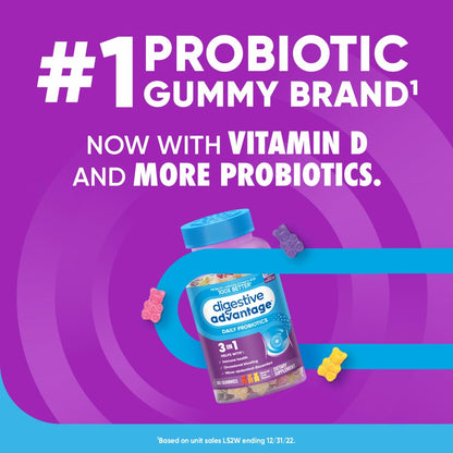 Digestive Advantage Probiotika für die Verdauungsgesundheit – Probiotische Gummis mit Vitamin D, tägliches Probiotikum für Frauen und Männer gegen gelegentliche Blähungen, leichte Bauchbeschwerden und Darmgesundheit, 80 Stück, natürliche Fruchtaromen