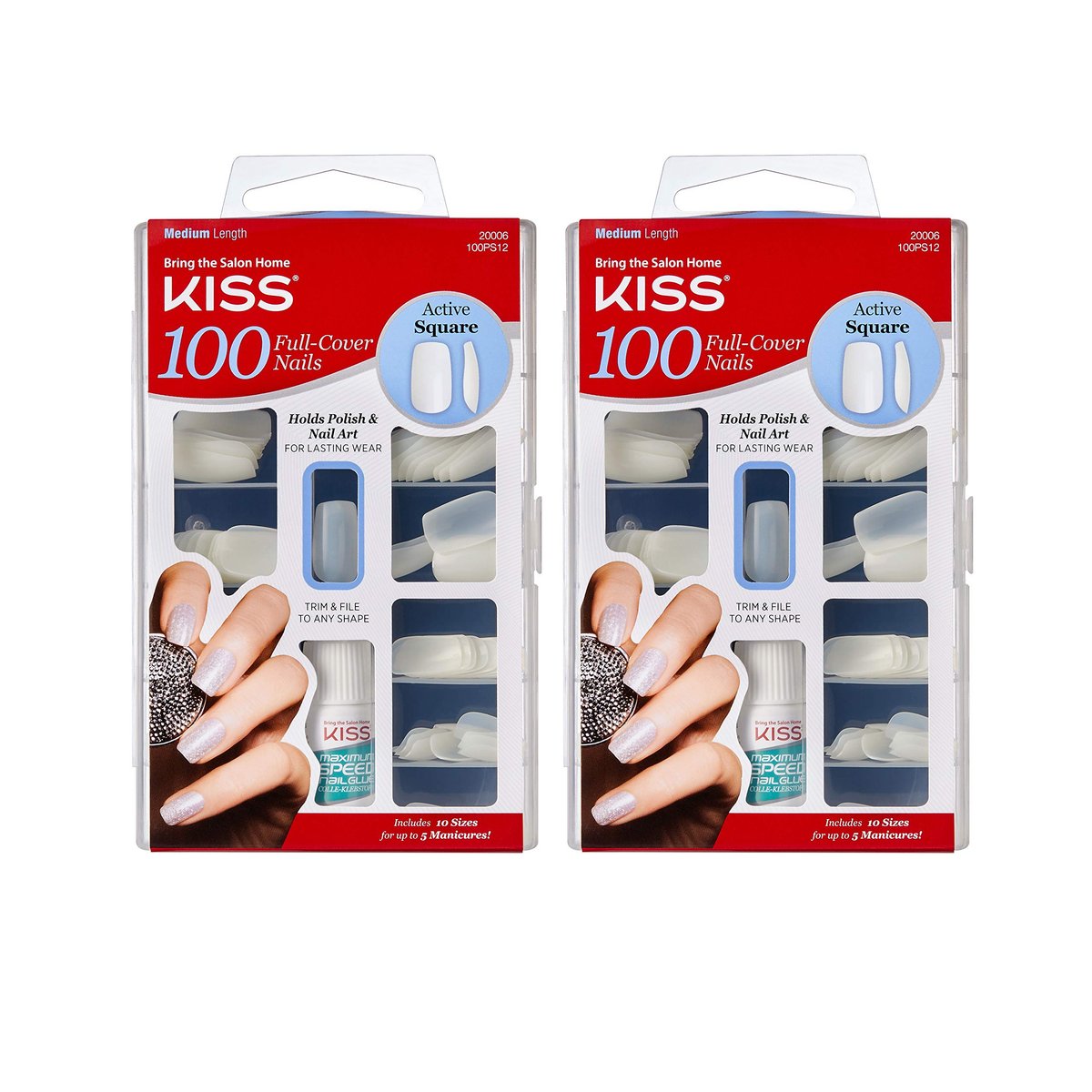KISS 100 Full Cover Active Square Press On Nägel (2er-Pack) – Acrylnägel für langanhaltende Maniküre