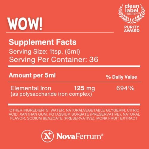 NovaFerrum Wow! 125 – Hochdosiertes flüssiges Eisenpräparat für Erwachsene, 125 mg Eisen pro 5 ml, vegan, glutenfrei, zuckerfrei