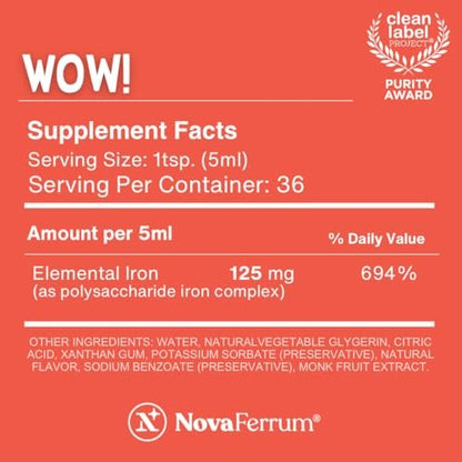 NovaFerrum Wow! 125 – Hochdosiertes flüssiges Eisenpräparat für Erwachsene, 125 mg Eisen pro 5 ml, vegan, glutenfrei, zuckerfrei