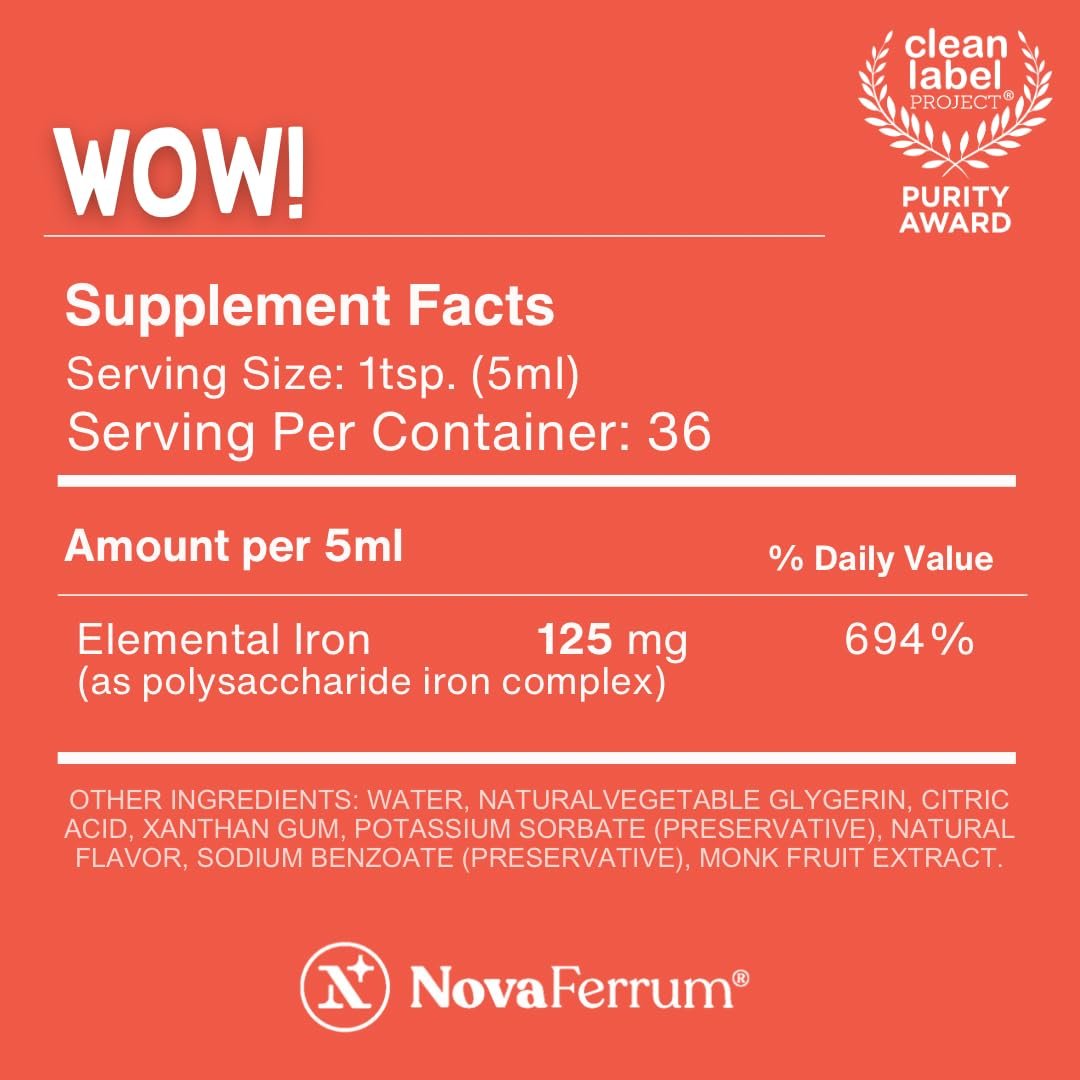 NovaFerrum Wow! 125 – Hochdosiertes flüssiges Eisenpräparat für Erwachsene, 125 mg Eisen pro 5 ml, vegan, glutenfrei, zuckerfrei