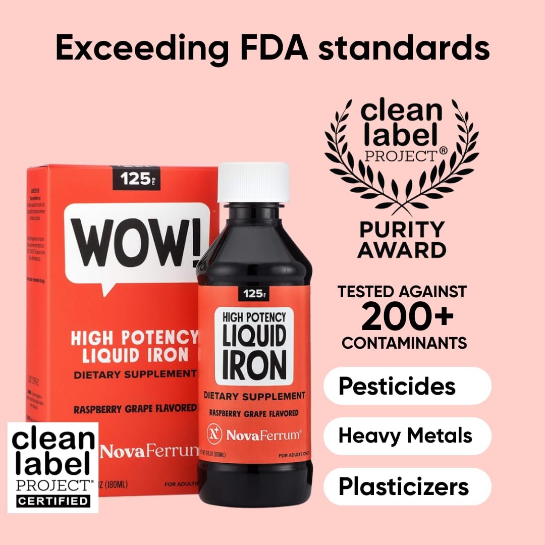 NovaFerrum Wow! 125 – Hochdosiertes flüssiges Eisenpräparat für Erwachsene, 125 mg Eisen pro 5 ml, vegan, glutenfrei, zuckerfrei