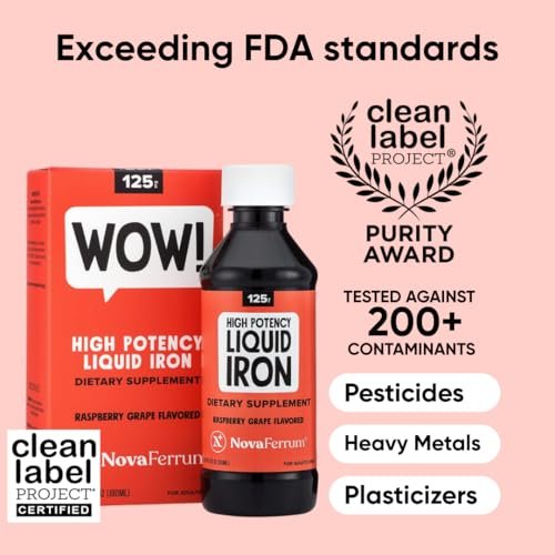 NovaFerrum Wow! 125 – Hochdosiertes flüssiges Eisenpräparat für Erwachsene, 125 mg Eisen pro 5 ml, vegan, glutenfrei, zuckerfrei