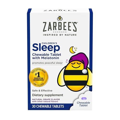 Zarbee's Kinder Melatonin Kautabletten 1mg – Natürliches Einschlafhilfe für Kinder ab 3 Jahren, Traubengeschmack, 30 Stück