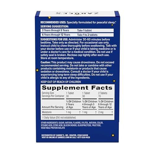 Zarbee's Kinder Melatonin Kautabletten 1mg – Natürliches Einschlafhilfe für Kinder ab 3 Jahren, Traubengeschmack, 30 Stück
