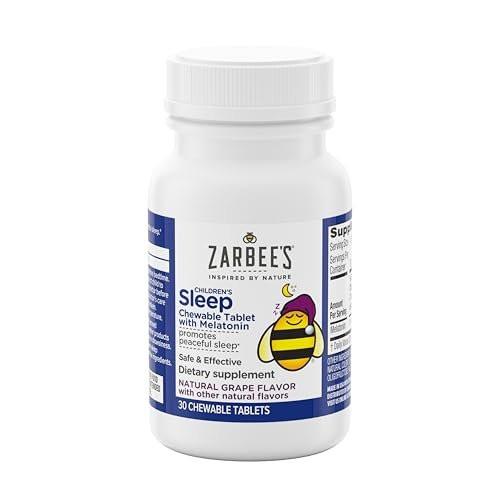 Zarbee's Kinder Melatonin Kautabletten 1mg – Natürliches Einschlafhilfe für Kinder ab 3 Jahren, Traubengeschmack, 30 Stück