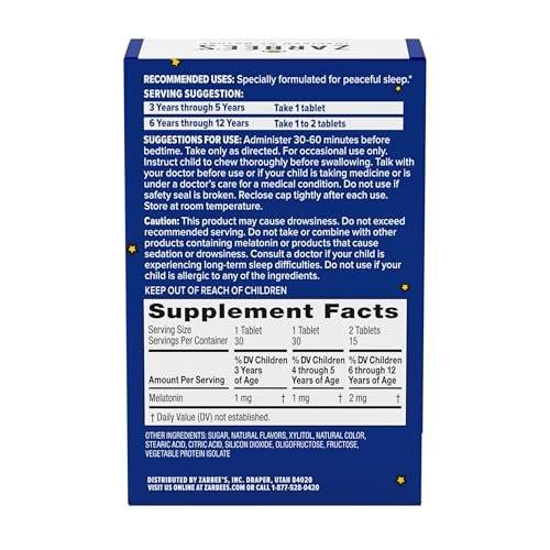 Zarbee's Kinder Melatonin Kautabletten 1mg – Natürliches Einschlafhilfe für Kinder ab 3 Jahren, Traubengeschmack, 30 Stück