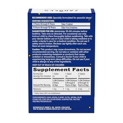 Zarbee's Kinder Melatonin Kautabletten 1mg – Natürliches Einschlafhilfe für Kinder ab 3 Jahren, Traubengeschmack, 30 Stück