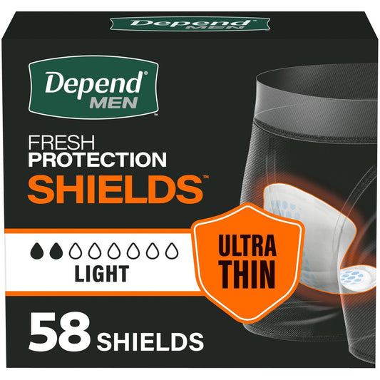 Depend Shields Inkontinenz-Einlagen für Männer, leichte Saugfähigkeit, 58 Stück, Verpackung kann variieren