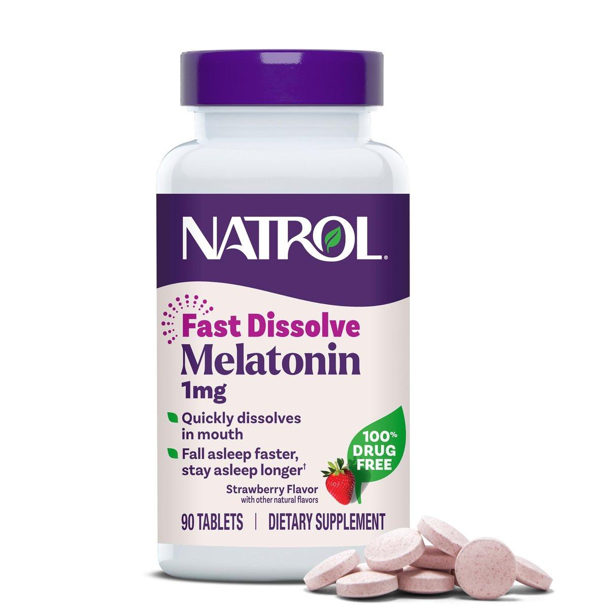 Natrol Melatonin 1 mg Schnellauflösend – Schlafunterstützung für Erwachsene, Erdbeergeschmack, 90 Tabletten