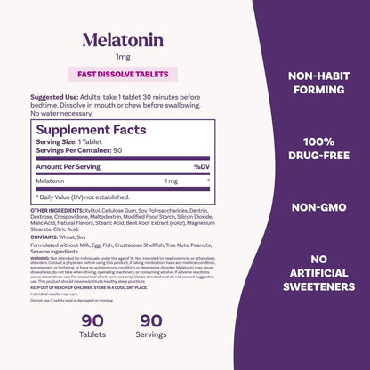 Natrol Melatonin 1 mg Schnellauflösend – Schlafunterstützung für Erwachsene, Erdbeergeschmack, 90 Tabletten