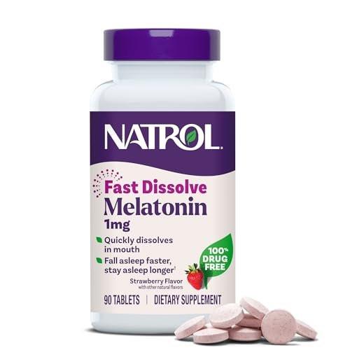 Natrol Melatonin 1 mg Schnellauflösend – Schlafunterstützung für Erwachsene, Erdbeergeschmack, 90 Tabletten