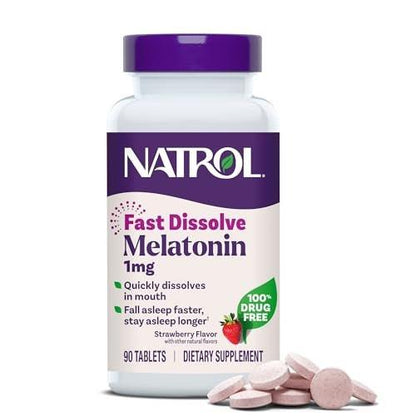Natrol Melatonin 1 mg Schnellauflösend – Schlafunterstützung für Erwachsene, Erdbeergeschmack, 90 Tabletten