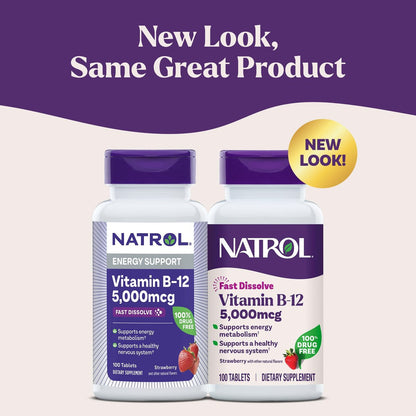Natrol Vitamin B12 5.000 mcg – Schnell lösliche Tabletten für Nervensystem & Energie, 100 Tabletten