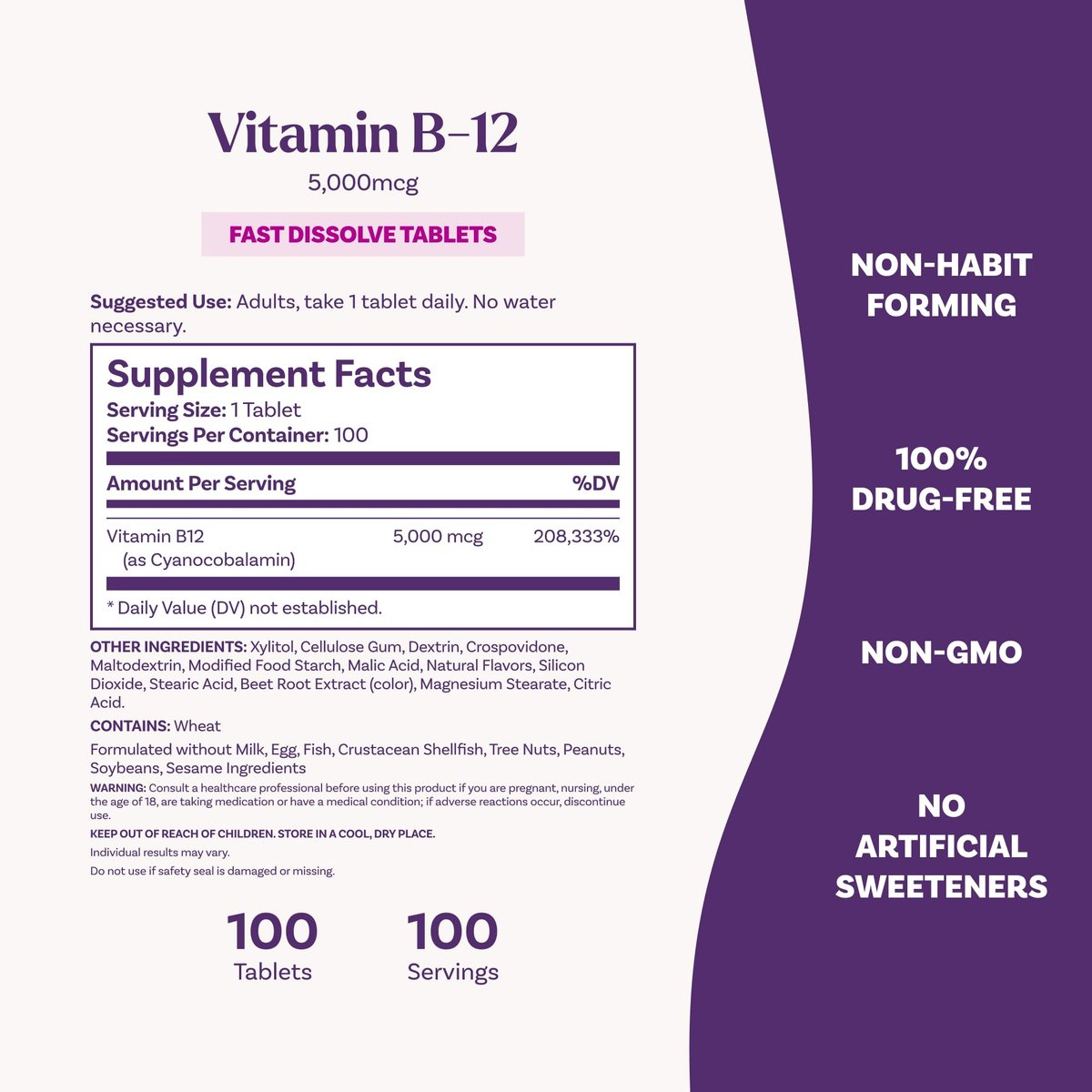 Natrol Vitamin B12 5.000 mcg – Schnell lösliche Tabletten für Nervensystem & Energie, 100 Tabletten