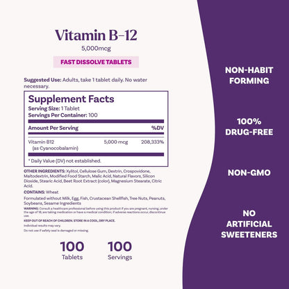 Natrol Vitamin B12 5.000 mcg – Schnell lösliche Tabletten für Nervensystem & Energie, 100 Tabletten