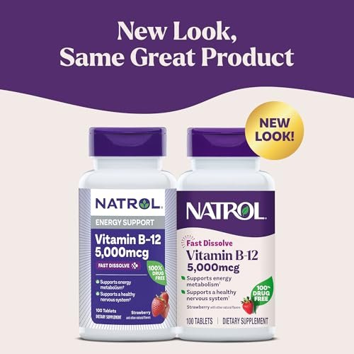 Natrol Vitamin B12 5.000 mcg – Schnell lösliche Tabletten für Nervensystem & Energie, 100 Tabletten
