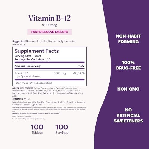 Natrol Vitamin B12 5.000 mcg – Schnell lösliche Tabletten für Nervensystem & Energie, 100 Tabletten