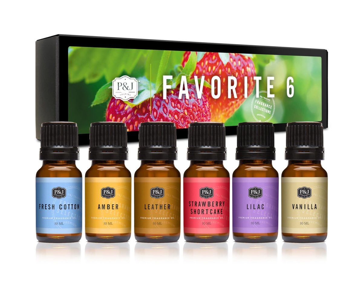 P&J Duftöl Favoriten Set | Frische Baumwolle, Amber, Leder, Erdbeerkuchen, Flieder, Vanille für Kerzenherstellung, Seifenherstellung, Diffuseröle Düfte