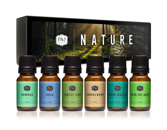 P&J Duftöl Nature Set | Waldkiefer, Meeresbrise, Regen, Frisch geschnittenes Gras, Sandelholz und Bambus – 6er-Pack Duftöle für Kerzenherstellung, Seifenherstellung, Diffuser
