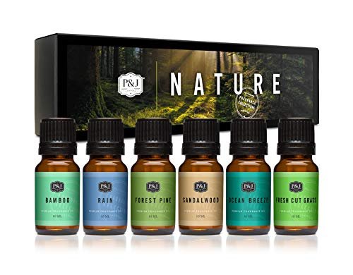 P&J Duftöl Nature Set | Waldkiefer, Meeresbrise, Regen, Frisch geschnittenes Gras, Sandelholz und Bambus – 6er-Pack Duftöle für Kerzenherstellung, Seifenherstellung, Diffuser