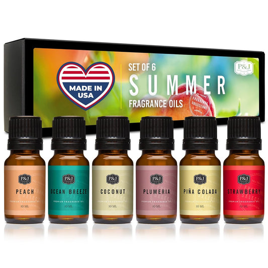 P&J Trading Sommer-Set mit 6 Duftölen – Pfirsich, Erdbeere, Plumeria, Kokosnuss, Meeresbrise, Piña Colada – für Kerzen, Seifenherstellung, Diffuser