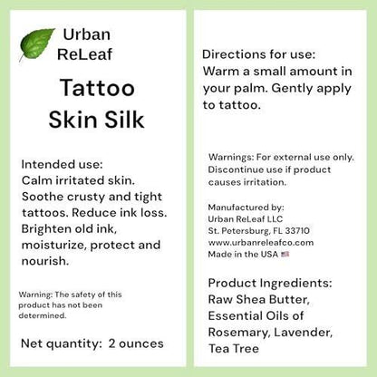 Urban ReLeaf TATTOO SKIN SILK – 100% natürliche Sheabutter-Salbe zur Tattoo-Pflege, beruhigt neue Tattoos, belebt alte Tattoos, vegan, mit heilenden Botanicals