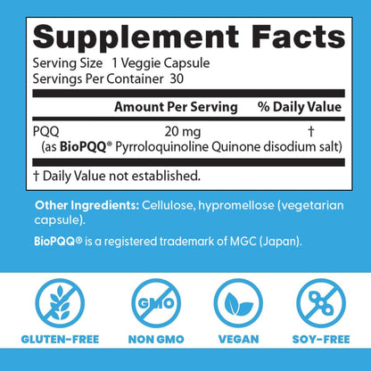 Doctor's Best PQQ mit BioPQQ – 20 mg – 30 vegane Kapseln – Unterstützung für Gehirn und Mitochondrien – glutenfrei