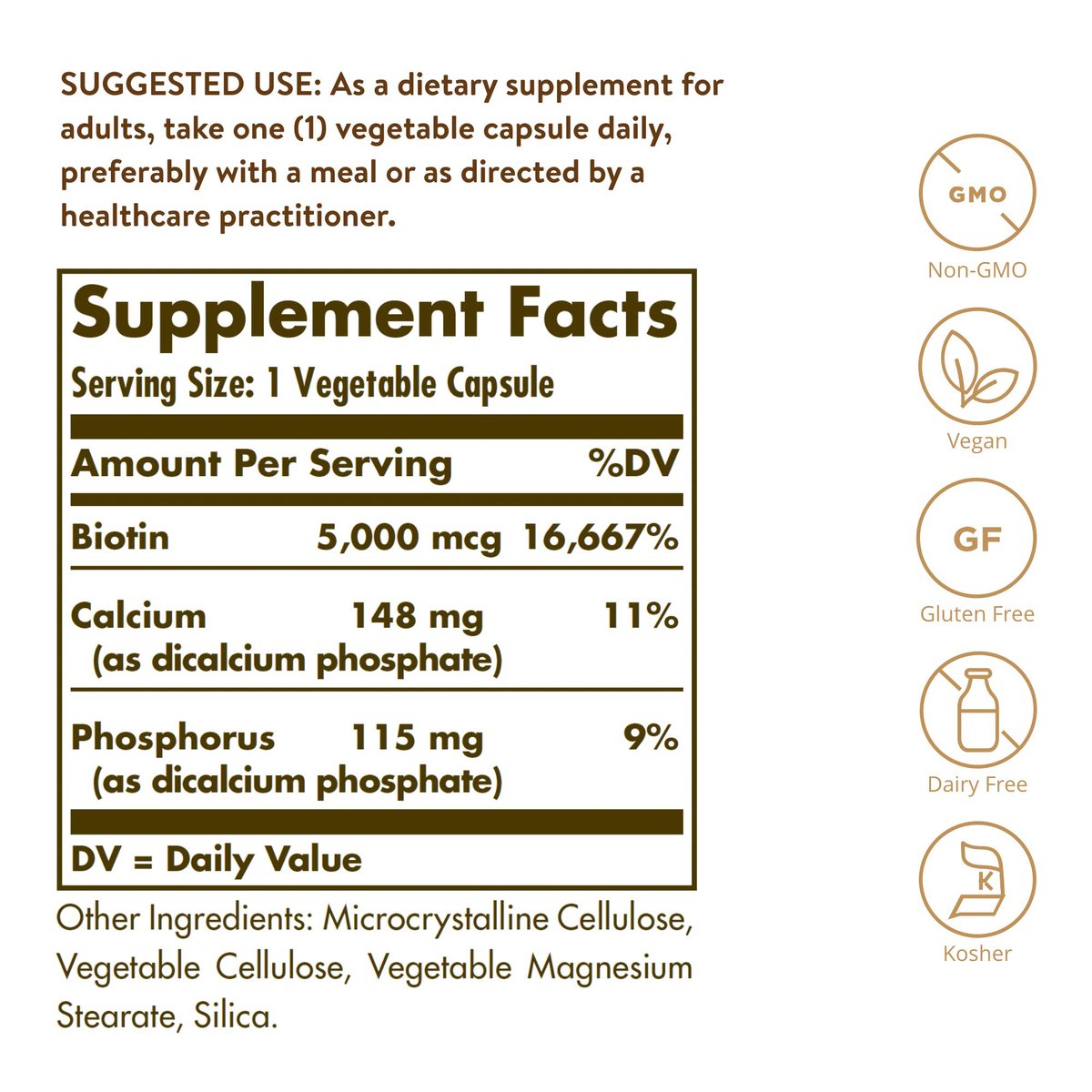 Solgar Biotin 5000 mcg – 100 Kapseln für gesunde Haut, Nägel und Haare – Fördert Energieproduktion und Stoffwechsel – Nicht-GVO, vegan, glutenfrei