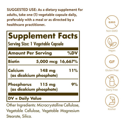 Solgar Biotin 5000 mcg – 100 Kapseln für gesunde Haut, Nägel und Haare – Fördert Energieproduktion und Stoffwechsel – Nicht-GVO, vegan, glutenfrei