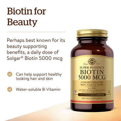 Solgar Biotin 5000 mcg – 100 Kapseln für gesunde Haut, Nägel und Haare – Fördert Energieproduktion und Stoffwechsel – Nicht-GVO, vegan, glutenfrei