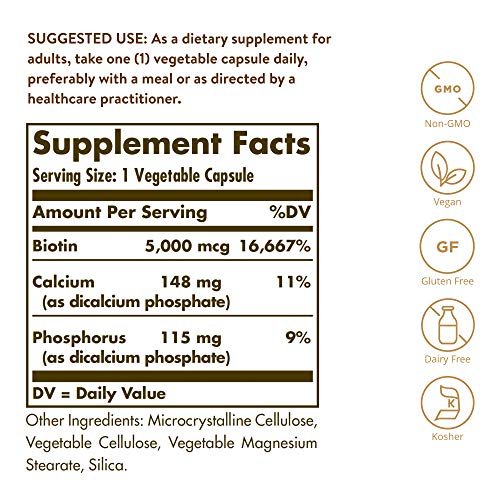 Solgar Biotin 5000 mcg – 100 Kapseln für gesunde Haut, Nägel und Haare – Fördert Energieproduktion und Stoffwechsel – Nicht-GVO, vegan, glutenfrei