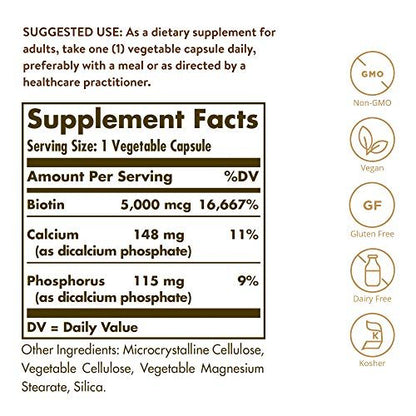 Solgar Biotin 5000 mcg – 100 Kapseln für gesunde Haut, Nägel und Haare – Fördert Energieproduktion und Stoffwechsel – Nicht-GVO, vegan, glutenfrei