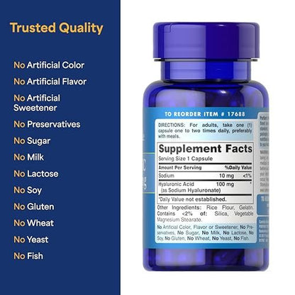 Puritan's Pride Hyaluronsäure 100 mg – Nahrungsergänzungsmittel für Hautfeuchtigkeit, 60 Kapseln mit schneller Freisetzung
