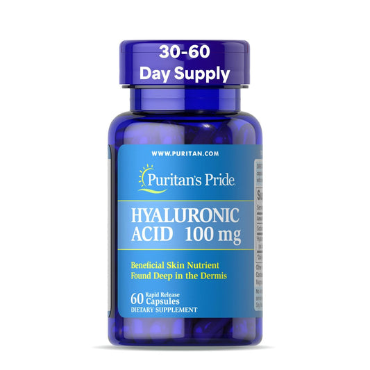 Puritan's Pride Hyaluronsäure 100 mg – Nahrungsergänzungsmittel für Hautfeuchtigkeit, 60 Kapseln mit schneller Freisetzung