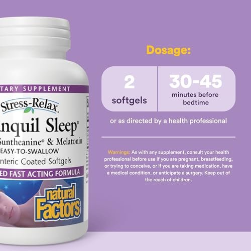 Stress-Relax Tranquil Sleep von Natural Factors – Schlafhilfe mit Suntheanin L-Theanin, 5-HTP, Melatonin, 45 Softgels
