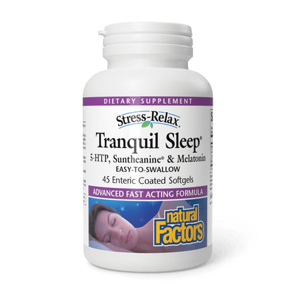 Stress-Relax Tranquil Sleep von Natural Factors – Schlafhilfe mit Suntheanin L-Theanin, 5-HTP, Melatonin, 45 Softgels