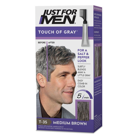 Just For Men Touch of Gray Herren Haarfarbe Mittelbraun T-35 – Salz-und-Pfeffer-Look, permanente Haarfarbe mit Kammapplikator, 1 Packung