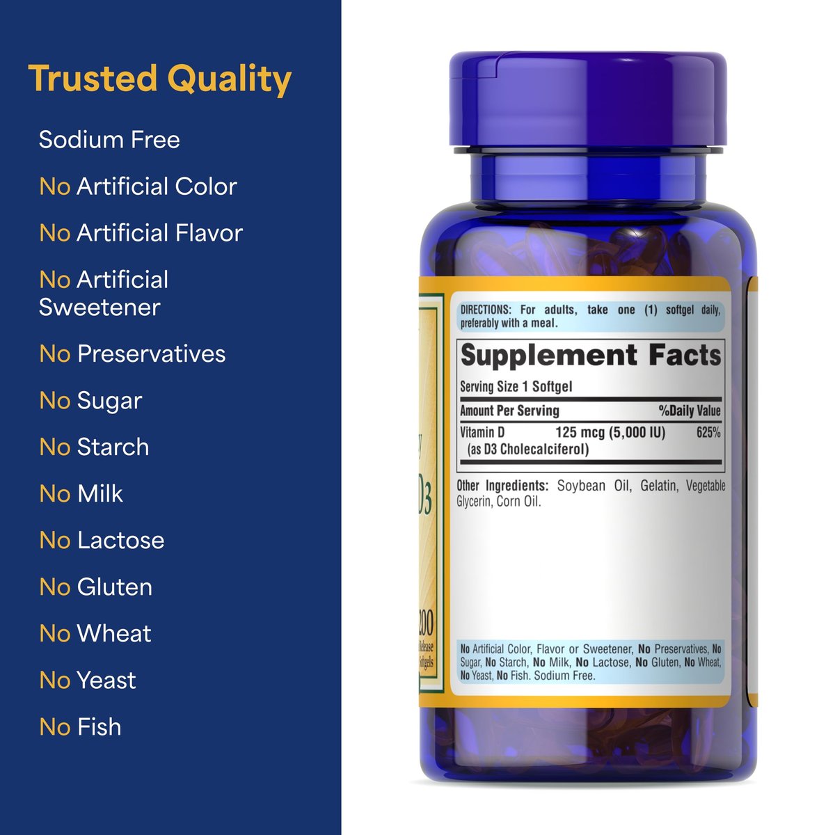 Puritan's Pride Premium Sunvite™ Mega-Potency Vitamin D3 5.000 IE – Nahrungsergänzungsmittel für gesunde Knochen, Zähne und Immunsystem – 200 Weichkapseln (schnell freisetzend)