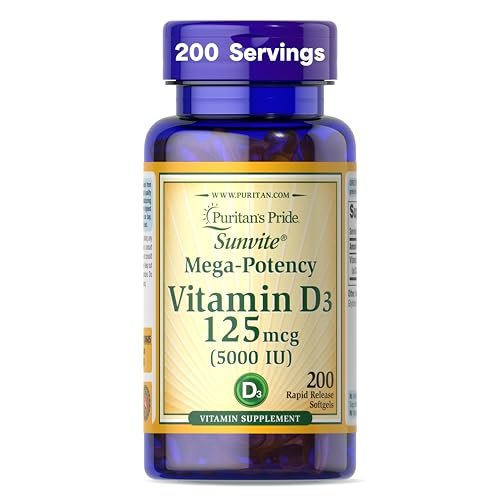 Puritan's Pride Premium Sunvite™ Mega-Potency Vitamin D3 5.000 IE – Nahrungsergänzungsmittel für gesunde Knochen, Zähne und Immunsystem – 200 Weichkapseln (schnell freisetzend)