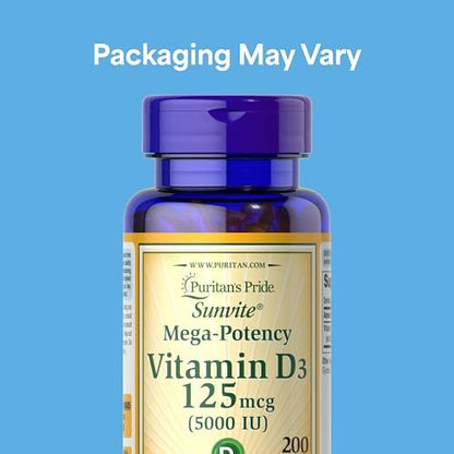 Puritan's Pride Premium Sunvite™ Mega-Potency Vitamin D3 5.000 IE – Nahrungsergänzungsmittel für gesunde Knochen, Zähne und Immunsystem – 200 Weichkapseln (schnell freisetzend)