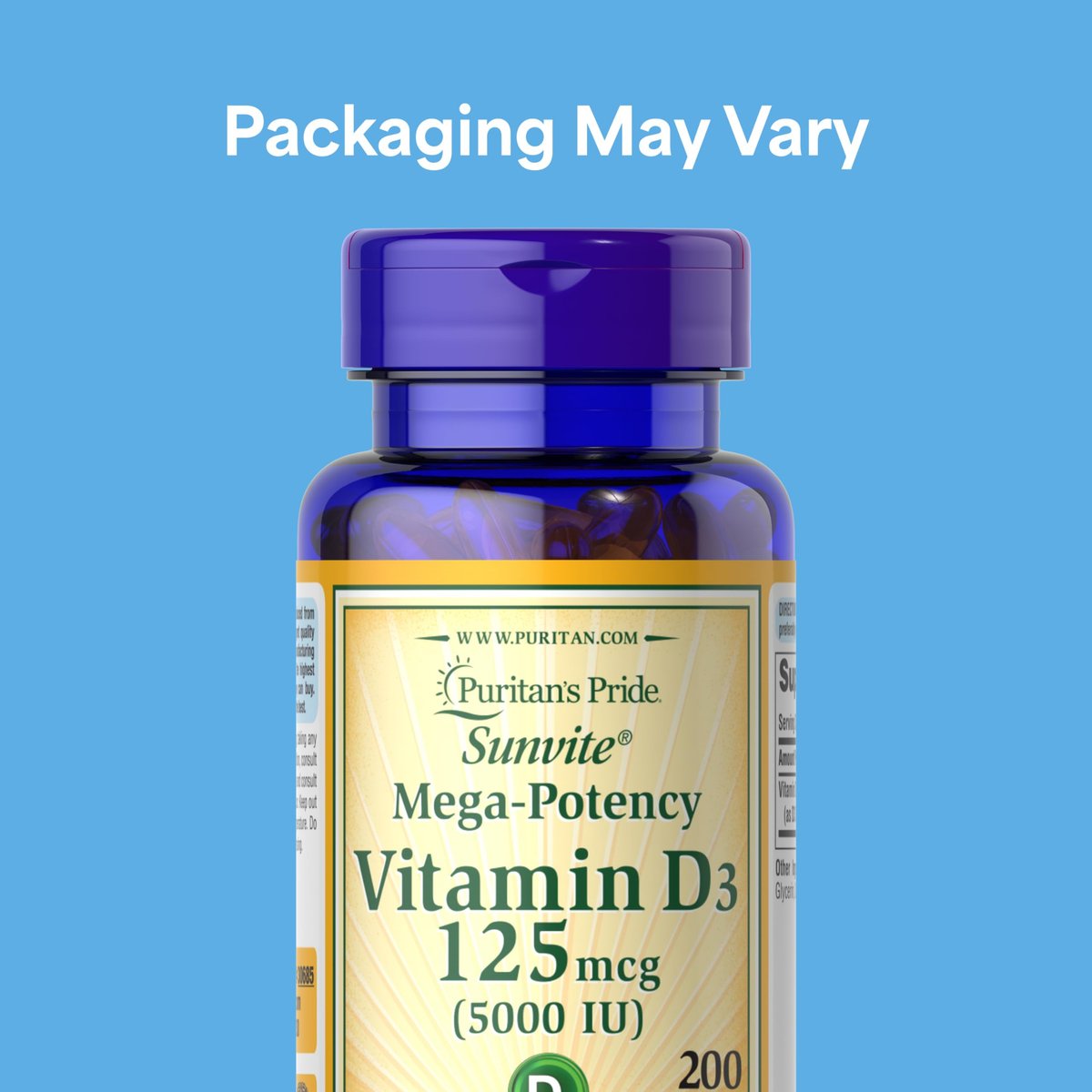 Puritan's Pride Premium Sunvite™ Mega-Potency Vitamin D3 5.000 IE – Nahrungsergänzungsmittel für gesunde Knochen, Zähne und Immunsystem – 200 Weichkapseln (schnell freisetzend)