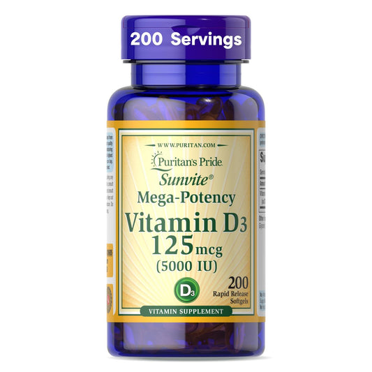 Puritan's Pride Premium Sunvite™ Mega-Potency Vitamin D3 5.000 IE – Nahrungsergänzungsmittel für gesunde Knochen, Zähne und Immunsystem – 200 Weichkapseln (schnell freisetzend)