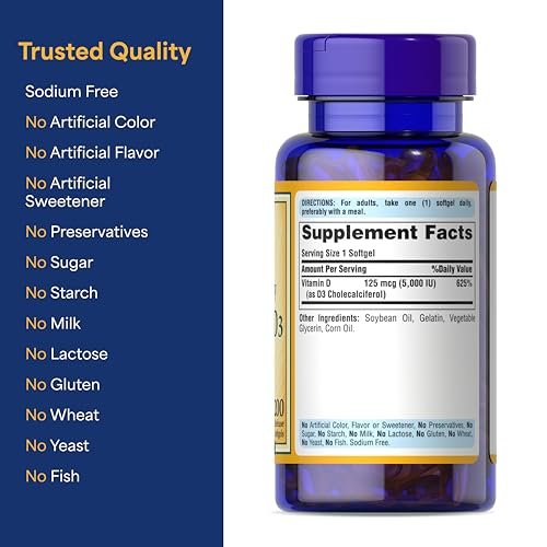 Puritan's Pride Premium Sunvite™ Mega-Potency Vitamin D3 5.000 IE – Nahrungsergänzungsmittel für gesunde Knochen, Zähne und Immunsystem – 200 Weichkapseln (schnell freisetzend)