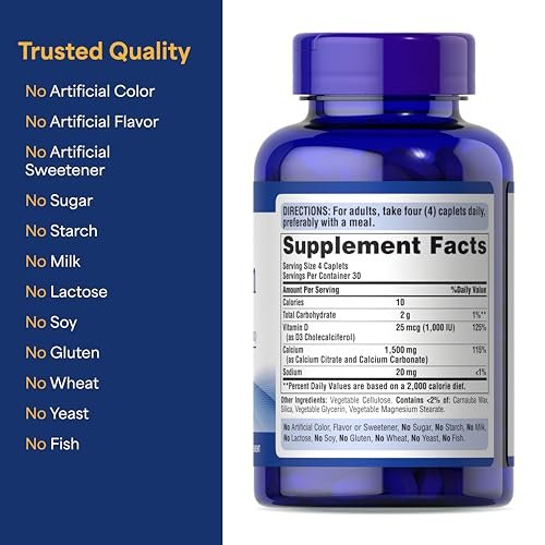 Puritan's Pride Absorbierbares Calcium 1500 mg plus Vitamin D3 25 mcg (1000 IE) – Nahrungsergänzungsmittel für Knochenstärke, Herz, Nerven, Muskeln und Immunsystem, 120 überzogene Tabletten